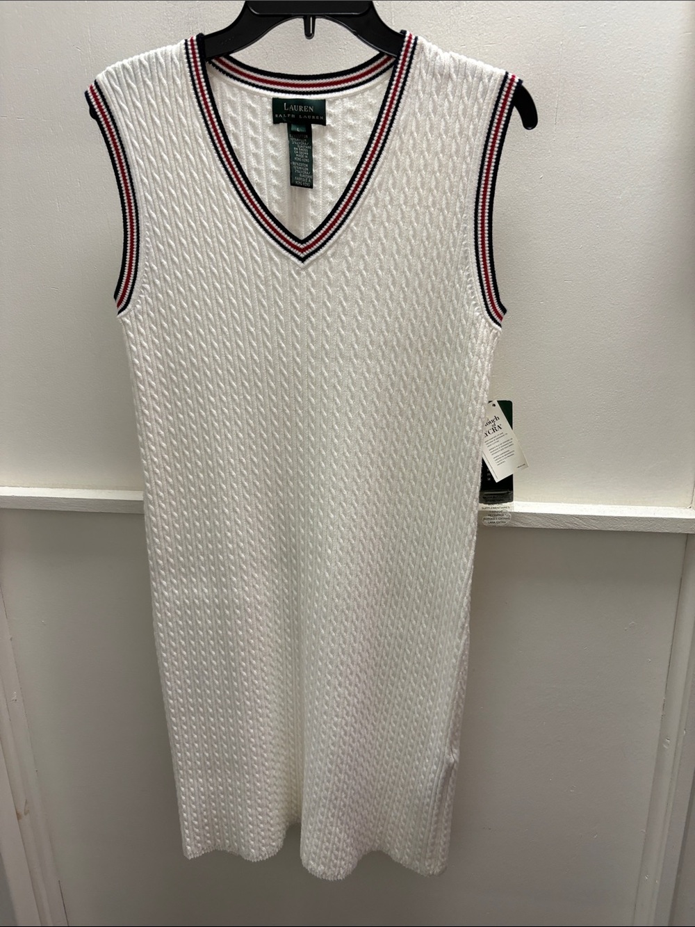 Lauren Ralph Lauren White Cable Knit Sleeveless V-Neck Dress with Stripe Trim